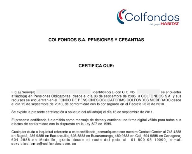 Ejemplo de Colfondos certificado